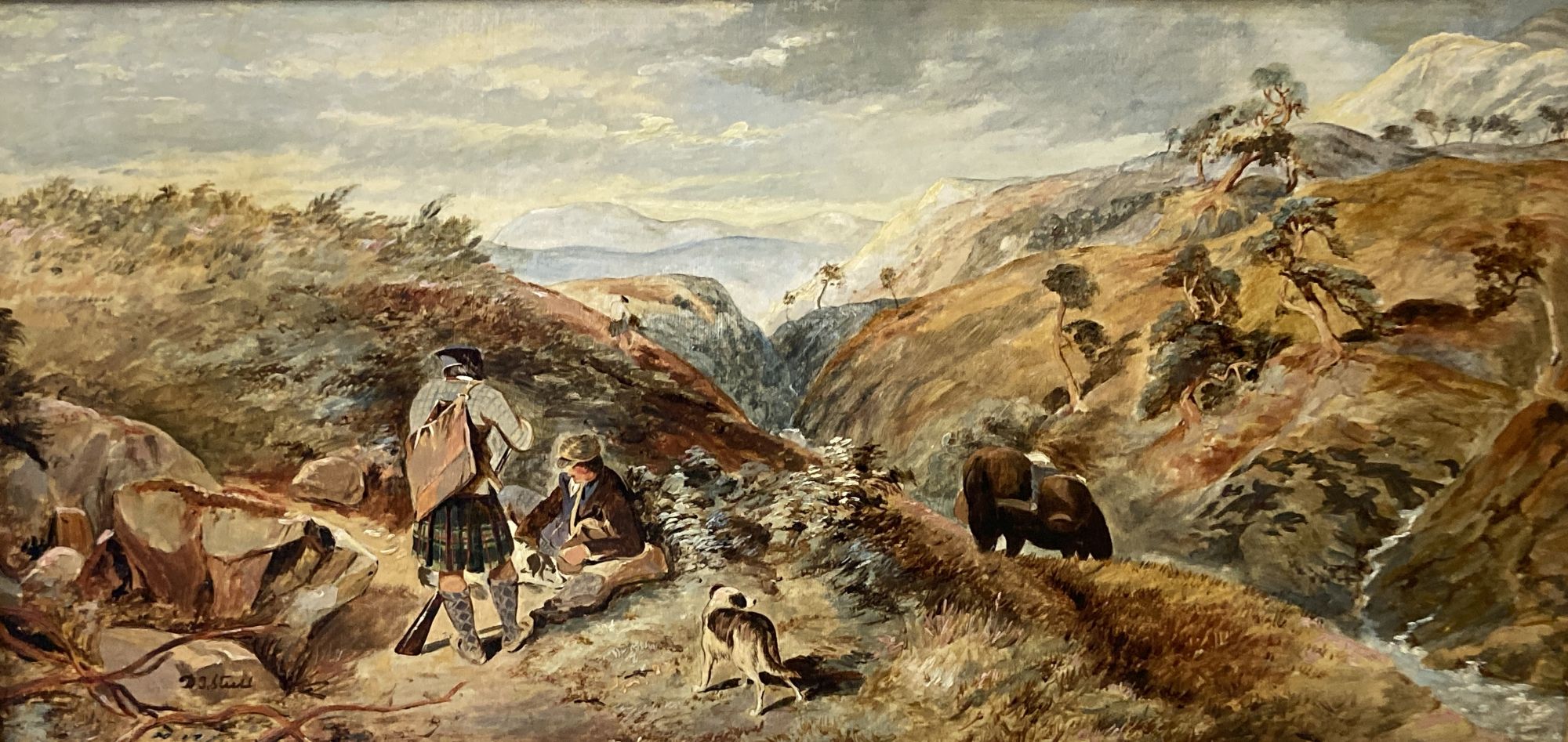 De Gourlay Steell, oil on board, Deer hunters in the Highlands, signed, 32 x 67cm